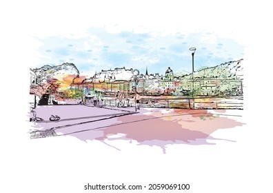 Building view with landmark of Kitzbuhel is the 
town in Austria. Watercolor splash with hand drawn sketch illustration in  vector.