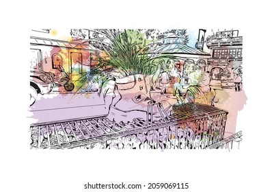 Building view with landmark of Kitzbuhel is the 
town in Austria. Watercolor splash with hand drawn sketch illustration in  vector.