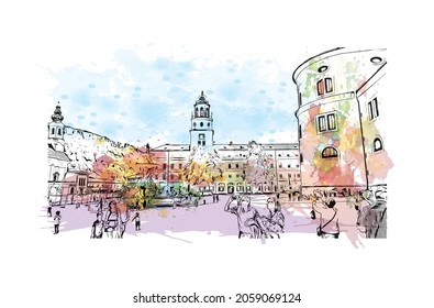 Building view with landmark of Kitzbuhel is the 
town in Austria. Watercolor splash with hand drawn sketch illustration in  vector.