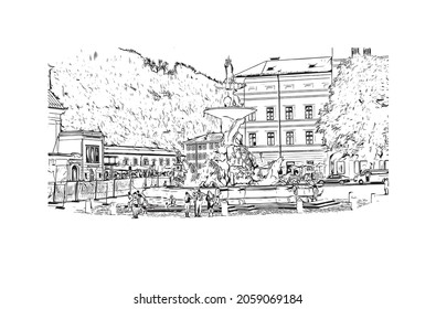 Building view with landmark of Kitzbuhel is the 
town in Austria. Hand drawn sketch illustration in  vector.
