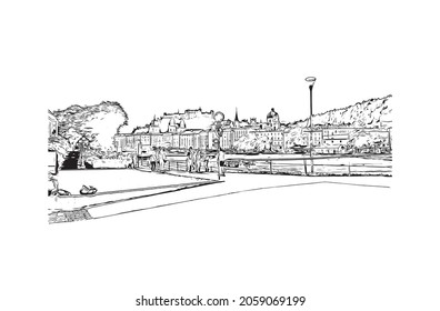 Building view with landmark of Kitzbuhel is the 
town in Austria. Hand drawn sketch illustration in  vector.