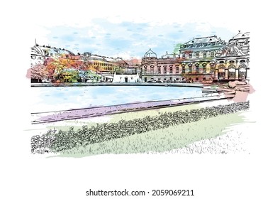 Building view with landmark of Kitzbuhel is the 
town in Austria. Watercolor splash with hand drawn sketch illustration in  vector.