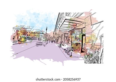 Building view with landmark of Klagenfurt is the 
city in Austria. Watercolor splash with hand drawn sketch illustration in vector.
