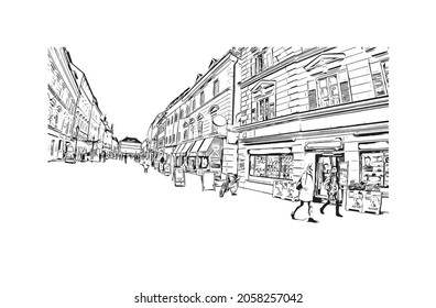 Building view with landmark of Klagenfurt is the 
city in Austria. Hand drawn sketch illustration in vector.