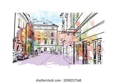 Building view with landmark of Klagenfurt is the 
city in Austria. Watercolor splash with hand drawn sketch illustration in vector.