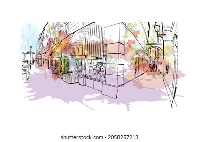 Building view with landmark of Klagenfurt is the 
city in Austria. Watercolor splash with hand drawn sketch illustration in vector.