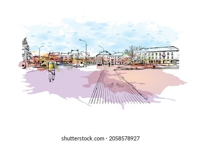 Building view with landmark of Klaipeda is the 
city in Lithuania. Watercolor splash with hand drawn sketch illustration in vector.