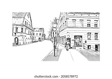 Building view with landmark of Klaipeda is the 
city in Lithuania. Hand drawn sketch illustration in vector.