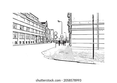 Building view with landmark of Klaipeda is the 
city in Lithuania. Hand drawn sketch illustration in vector.