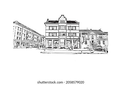 Building view with landmark of Klaipeda is the 
city in Lithuania. Hand drawn sketch illustration in vector.