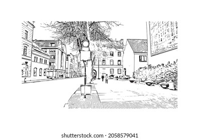 Building view with landmark of Klaipeda is the 
city in Lithuania. Hand drawn sketch illustration in vector.