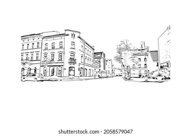 Building view with landmark of Klaipeda is the 
city in Lithuania. Hand drawn sketch illustration in vector.