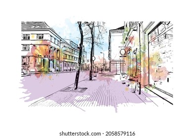 Building view with landmark of Klaipeda is the 
city in Lithuania. Watercolor splash with hand drawn sketch illustration in vector.
