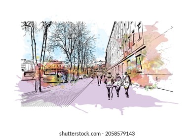 Building view with landmark of Klaipeda is the 
city in Lithuania. Watercolor splash with hand drawn sketch illustration in vector.