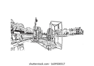 Building view with landmark of Klaipeda is a port city in Lithuania, where the Baltic Sea meets the Danė River. Hand drawn sketch illustration in vector.