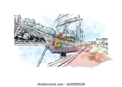 Building view with landmark of Klaipeda is a port city in Lithuania, where the Baltic Sea meets the Danė River. Watercolor slash with Hand drawn sketch illustration in vector.