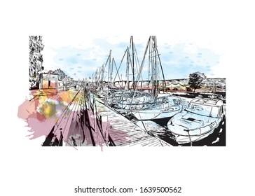 Building view with landmark of Klaipeda is a port city in Lithuania, where the Baltic Sea meets the Danė River. Watercolor slash with Hand drawn sketch illustration in vector.