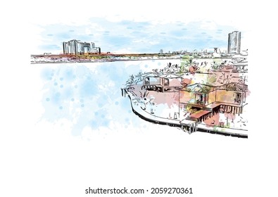 Building view with landmark of Kolkata is the 
city in India. Watercolor splash with hand drawn sketch illustration in vector.