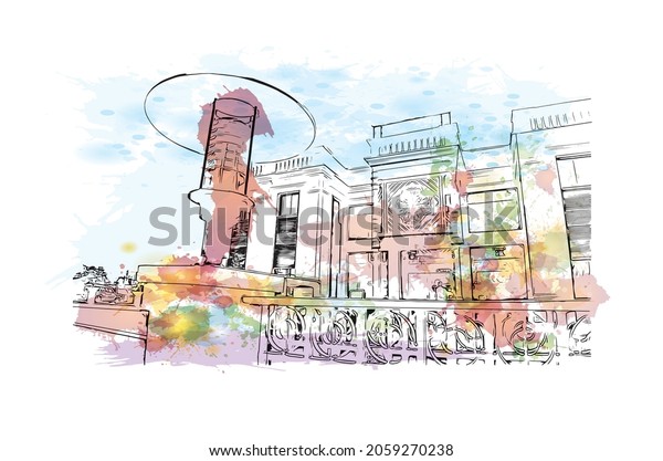 Building view with landmark of Kolkata is the\
\
city in India. Watercolor splash with hand drawn sketch\
illustration in\
vector.