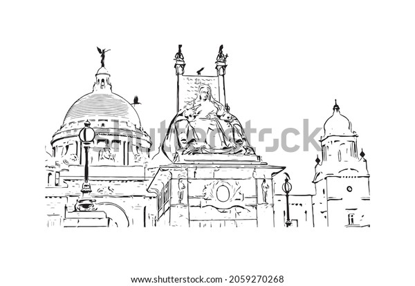 Building view with\
landmark of Kolkata is the \
city in India. Hand drawn sketch\
illustration in\
vector.