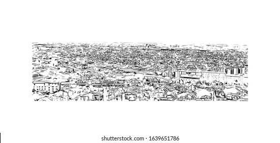 Building view with landmark of Konya is a city south of Ankara in Turkey’s Central Anatolia region. Hand drawn sketch illustration in vector.