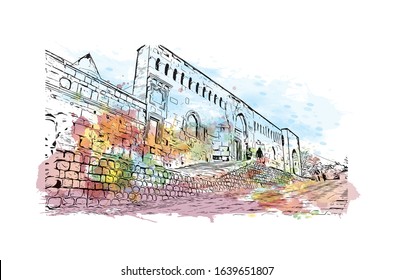Building view with landmark of Konya is a city south of Ankara in Turkey’s Central Anatolia region. Watercolor splash with Hand drawn sketch illustration in vector.