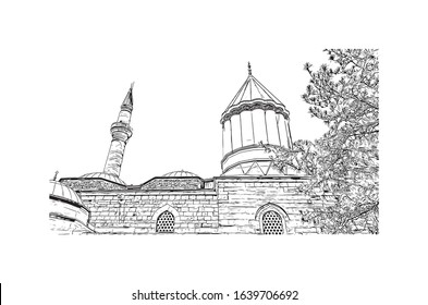 Building view with landmark of Konya is a city south of Ankara in Turkey’s Central Anatolia region. Hand drawn sketch illustration in vector.