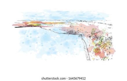 Building view with landmark of Koper is a port city in Slovenia, on the country's Adriatic coastline. Watercolor splash with Hand drawn sketch illustration in vector.