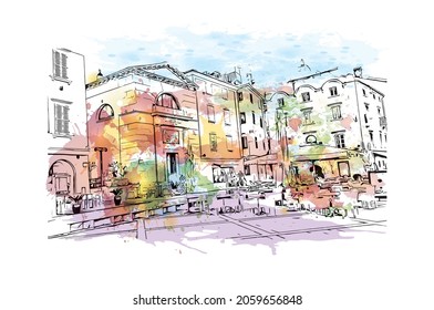 La vista de los edificios con el punto de referencia de Koper es una ciudad portuaria en Eslovenia. Salto de color de agua con ilustración de esbozo dibujada a mano en vector.