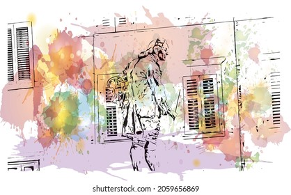 La vista de los edificios con el punto de referencia de Koper es una ciudad portuaria en Eslovenia. Salto de color de agua con ilustración de esbozo dibujada a mano en vector.