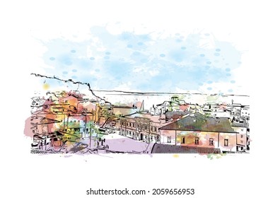 Building view with landmark of Koper is a port city in Slovenia. Watercolor splash with hand drawn sketch illustration in vector.