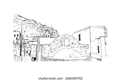Building view with landmark of Kos is the 
island in Aegean Sea. Hand drawn sketch illustration in vector.