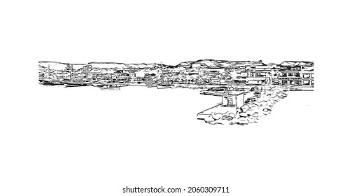 Building view with landmark of Kos is the 
island in Aegean Sea. Hand drawn sketch illustration in vector.