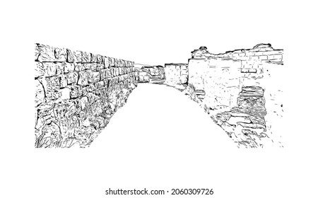 Building view with landmark of Kos is the 
island in Aegean Sea. Hand drawn sketch illustration in vector.