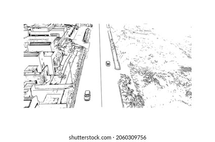 Building view with landmark of Kos is the 
island in Aegean Sea. Hand drawn sketch illustration in vector.