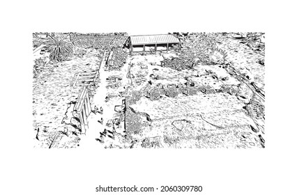 Der Blick auf das Gebäude mit Wahrzeichen von Kos ist der 
Insel im Ägäischen Meer. Handgezeichnete Skizzengrafik in Vektorgrafik.