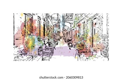 Building view with landmark of Kos is the 
island in  Aegean Sea. Watercolor splash with hand drawn sketch illustration in vector.