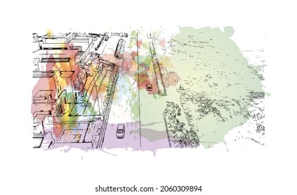 Building view with landmark of Kos is the 
island in  Aegean Sea. Watercolor splash with hand drawn sketch illustration in vector.