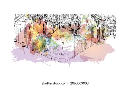 Building view with landmark of Kos is the 
island in  Aegean Sea. Watercolor splash with hand drawn sketch illustration in vector.