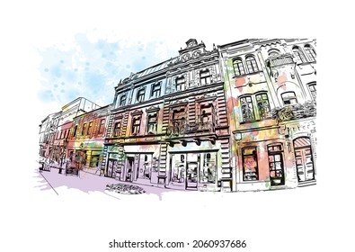 Building view with landmark of Kosice is a city in eastern Slovakia. Watercolor splash with hand drawn sketch illustration in vector.