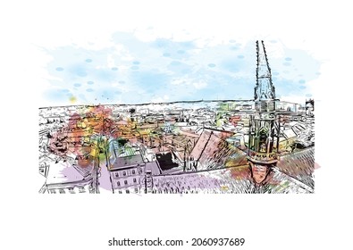 Building view with landmark of Kosice is a city in eastern Slovakia. Watercolor splash with hand drawn sketch illustration in vector.