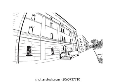 Building view with landmark of Kosice is a city in eastern Slovakia. Hand drawn sketch illustration in vector.