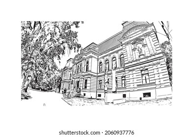 Building view with landmark of Kosice is a city in eastern Slovakia. Hand drawn sketch illustration in vector.
