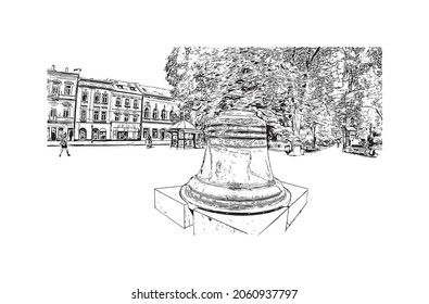 Building view with landmark of Kosice is a city in eastern Slovakia. Hand drawn sketch illustration in vector.