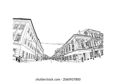 Building view with landmark of Kosice is a city in eastern Slovakia. Hand drawn sketch illustration in vector.