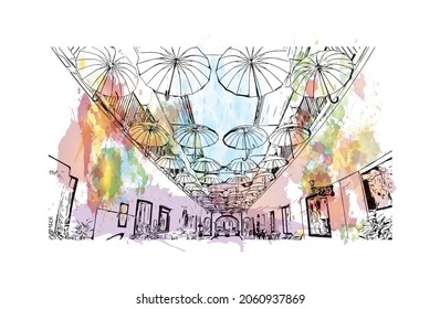 Building view with landmark of Kosice is a city in eastern Slovakia. Watercolor splash with hand drawn sketch illustration in vector.
