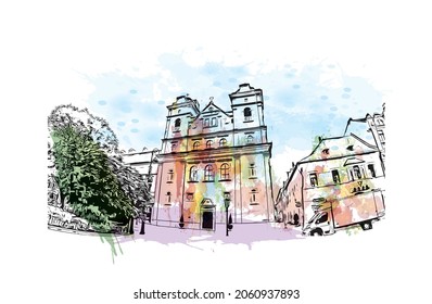 Building view with landmark of Kosice is a city in eastern Slovakia. Watercolor splash with hand drawn sketch illustration in vector.