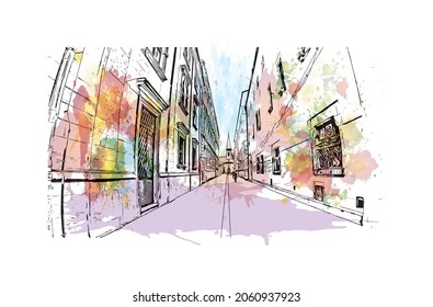 Building view with landmark of Kosice is a city in eastern Slovakia. Watercolor splash with hand drawn sketch illustration in vector.