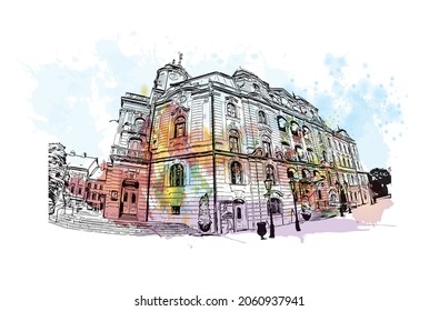 Building view with landmark of Kosice is a city in eastern Slovakia. Watercolor splash with hand drawn sketch illustration in vector.