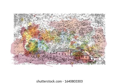 Building view with landmark of Kotor is a fortified town on Montenegro’s Adriatic coast. Watercolor splash with Hand drawn sketch illustration in vector.